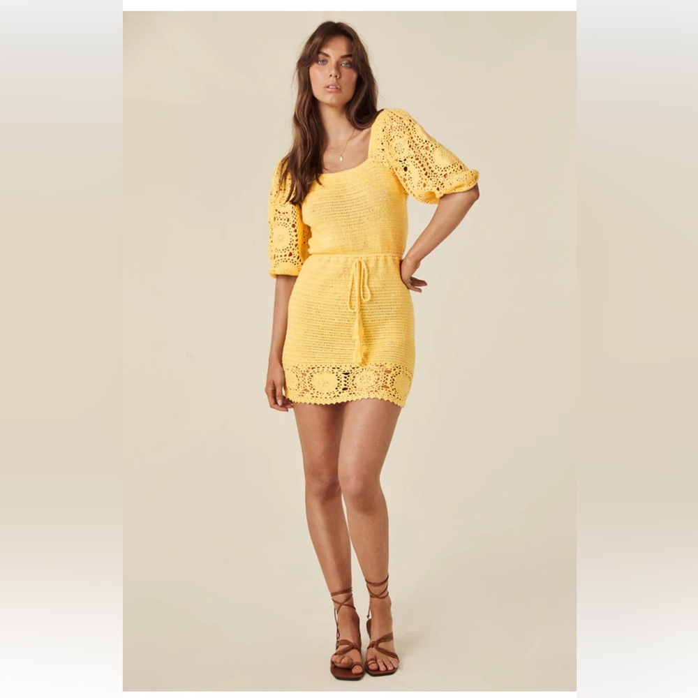 Spell Let The Sunshine In Crochet Knit Mini Dress Yellow M